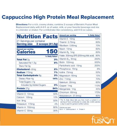 Bariatric Fusion Cappuccino Meal Replacement 27g Protein Powder - 21 Servings, Ideal for Bariatric Surgery Patients - Gluten, Aspartame, and Sugar-Free - Buy Online on GoSupps.com