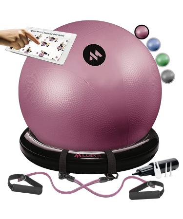 Millenti Exercise Ball Chair 65cm - Yoga Ball Chair Stability Base Ring Kit & Fitness Resistance Bands For Home, Gym Bundle, Pilates Ball, Office Chair, Birthing Ball For Pregnancy - With Workout Chart Pink Yoga Ball Chair