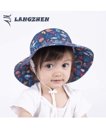 LANGZHEN Baby Girls Beach Sun Hat with Chin Strap | Wide Brim Toddler Kids Play Hat | Undersea World Navy | 1-2 Years - Buy Online on GoSupps.com