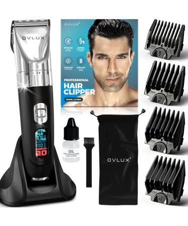 OVLUX Advanced Hair Clipper Kit - Versatile Corded/Cordless Use Ergonomic with LED Display Sharp Stainless Steel Blades Perfect for Men s Hair & Beard Styling includes 4 Guide Combs & Accessories Silver