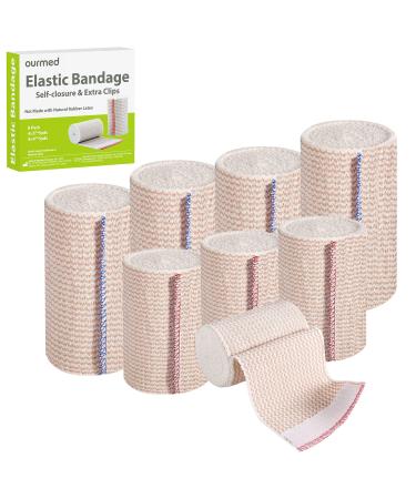 Elastic Bandage Wrap - Ourmed Compression Bandage with Self Closure and Extra Clips, 4x3", 4x4", Latex Free Bandage for Sports, Wrist and Ankle Wound Care, First Aid Kit 8 Pack