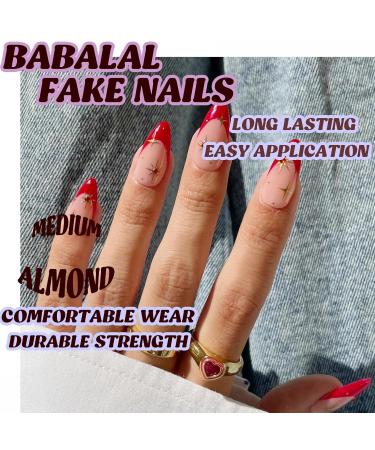 Buy BABALAL Medium Almond French Tip Press on Nails - 24pcs Red Rhinestone Acrylic Glossy Stiletto - International Shipping Available - Buy Online on GoSupps.com