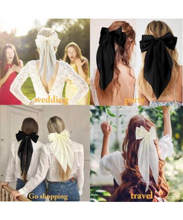 2 Pcs Big Hair bow Hair Bows for Women Bow Hair Clip Elegant Solid Color French Barrette Bows For Hair With Long Silky Satin Hair Barrettes Accessories Bow Hair Clips for Women Girl(Black+Cream) - Buy Online on GoSupps.com