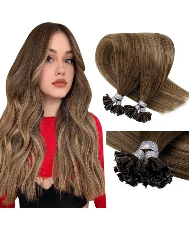 LAAVOO Extensions Real Hair Brown Balayage Keratin Bonding Extensions Real Hair 50cm Real Hair Extensions Bondings Medium Brown Ombre light brown and darkest blond #6/8/14 1g/s 50g/50 strands 50 cm 1-32 u Tip #6/8/14