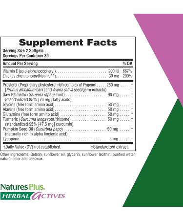 NaturesPlus ProstActin Herbal Actives Softgels - Healthy Prostate Support with Saw Palmetto, Pygeum & Pumpkin Seed Oil - 200 IU Vitamin E - Gluten-Free - 60 Capsules - Buy Online on GoSupps.com