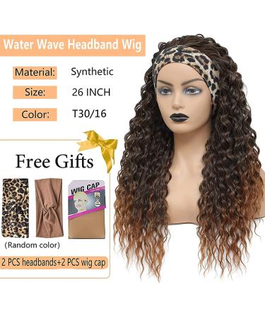 Ombre Brown Water Wave Headband Wig 26 Inch | Synthetic Glueless Half Wig with Headbands | 180% Density Curly Wigs for Black Women | Natural Daily Wear - T30-16 - Buy Online on GoSupps.com