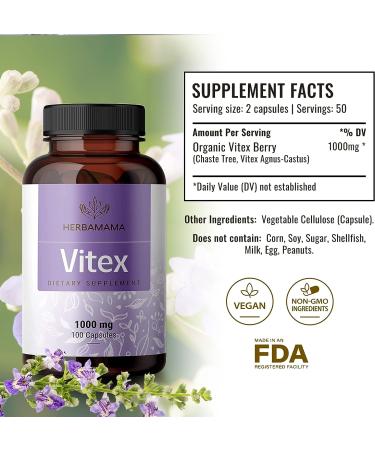HERBAMAMA Organic Vitex Chasteberry Supplement for Women - Vegan 1000mg 100 Capsules - Buy Online on GoSupps.com