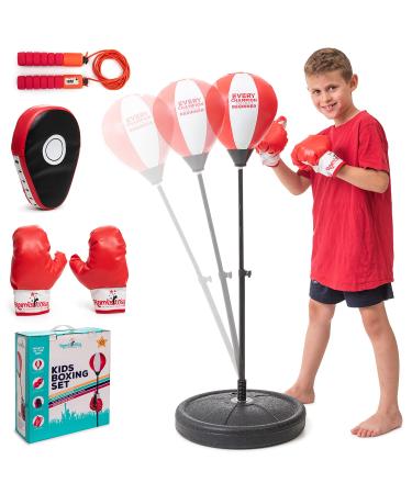 Romi's Way Punching Bag for Kids with Adjustable Stand - Boxing Equipment Set with Kid boxing Gloves, Jump Rope, Interactive Focus Pad, Air Pump- Birthday Sports Gifts for Age 3-8 Year Old Boys &Girls