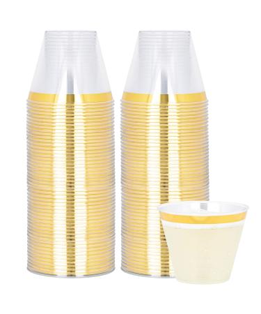 PLASTICPRO 9 oz Disposable Plastic Party Cups,Old fashioned Designed Tumblers, With gold Rim 100 Count, Crystal Clear Clear With Gold Rim 100