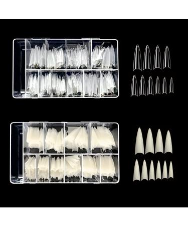VIVACE 2PACK Natural/Clear Long Stiletto 500 Artificial Fake Gel Nail Tips (Total 1000Tips) 10Sizes For Nail Salon Nail Shop (28510/28512) (Long Stiletto)