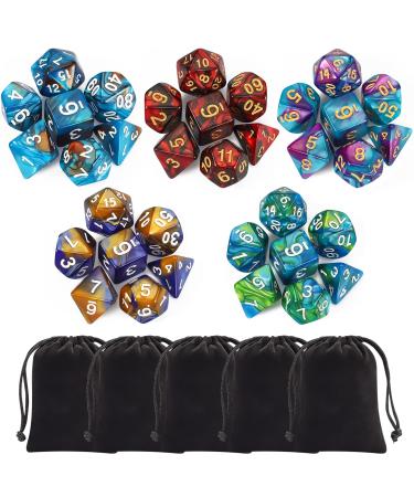 CiaraQ Polyhedral Dice Set (35 Pieces) with Black Pouches, 5 Complete Double-Colors Dice Sets of D4 D6 D8 D10 D% D12 D20 Compatible with Dungeons and Dragons DND RPG MTG Table Games 35 PCS
