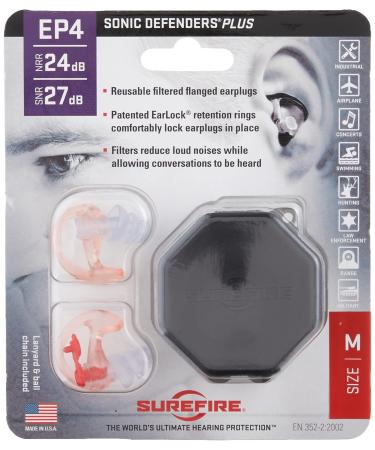 SureFire EP4 Sonic Defenders Plus filtered Earplugs, triple flanged design, reusable, Clear, Medium