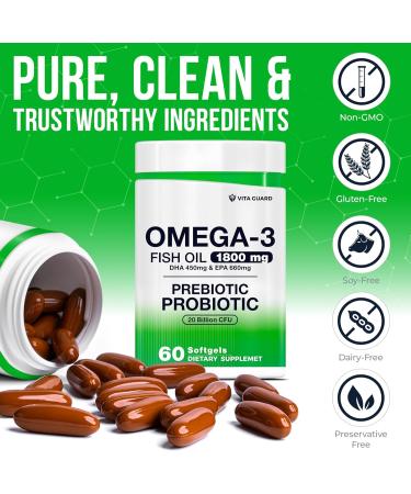 Omega-3 Fish Oil with Prebiotics & Probiotics 1800mg EPA & DHA Supplement for Heart, Brain, and Gut Health 20 Billion CFU, Inulin Fiber, Burpless Lemon-Flavored Softgels - Buy Online on GoSupps.com