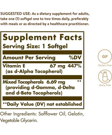 Solgar Vitamin E 67 mg (100 IU) Softgels - Pack of 2 | Antioxidant Support for Skin & Immune System | Naturally-Sourced, Gluten & Dairy Free | 200 Servings - Buy Online on GoSupps.com
