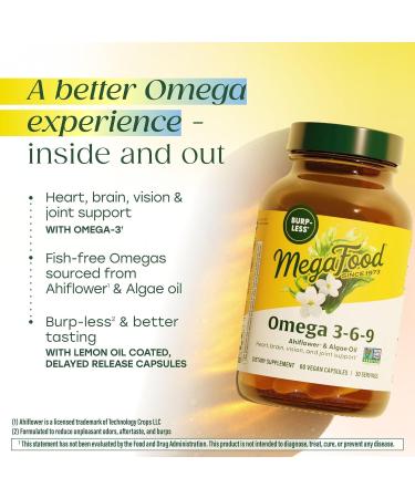 MegaFood Vegan Omega 3 6 9 - Burp-Less Supplement - 600 mg Plant-Based Omega 3 & 150 mg DHA Per Serving - Heart Brain Vision & Joint Support - Fish Oil Alternative - 60 Capsules 30 Servings - Buy Online on GoSupps.com