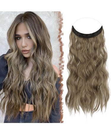 FESHFEN Invisible Wire Hair Extensions with Transparent Wire Adjustable Size with 2 Secure Clips Synthetic Hair Piece Long Wavy Secret Headband Hairpieces for Women 20 inch Brown Blonde