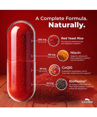 Zazzee Extra Strength Red Yeast Rice 10:1 Extract Capsules - 1200mg, Citrinin Free - 200 Vegan Capsules - Supports Cardiovascular Health - Buy Online on GoSupps.com