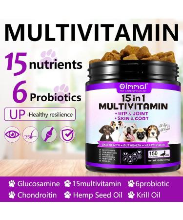 15-in-1 Multivitamin Vitamins Supplements for Dogs Hip and Joint Skin Coat Skin Health Gut Health Heart Health for Small Medium and Large Dogs 150 Chews with Duck Flavour - Buy Online on GoSupps.com