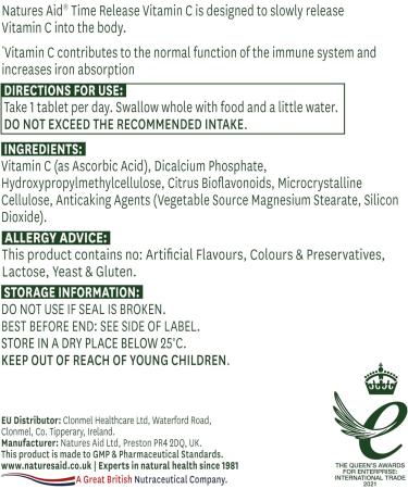Natures Aid Vitamin C 1000mg Time Release Immune Support - 180 Tablets - Buy Online on GoSupps.com