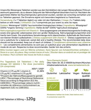 Organic Wheatgrass Tablets 500mg | Terra Elements | Vegan Raw Rich in Vitamin A | 240 pcs - Buy Online on GoSupps.com