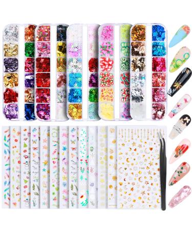 Nail Stickers, Teenitor 12 Sheets Nail Art Stickers 3D Self-Adhesive and 5 Boxes Butterfly Nail Sequins Heart Glitter Foil Flakes Nail Fruit Slices Nail Decorations for Nail Art - Buy Online on GoSupps.com