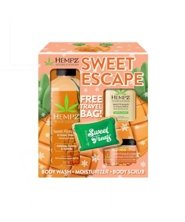 Hempz Sweet Escape Sweet Pineapple & Honey Melon Moisturizing Body Wash (17 Oz) Body Scrub (7.3 Oz) & Moisturizer (1.25 Oz) Festive Holiday Gift Set with Travel Bag for Women or Men with Dry Skin