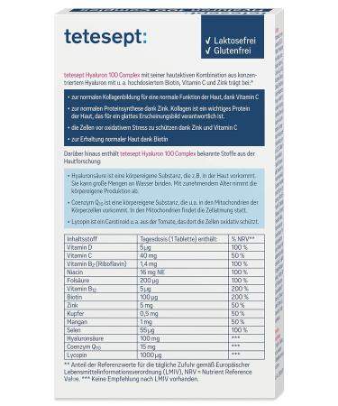 Teteseept Hyaluron 100 Complex | Dietary Supplement with Q10 Biotin Lycopin & Vitamin C | 30 Tablets for Youthful Radiant Skin - Buy Online on GoSupps.com