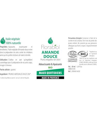 Florabiol - Organic Sweet Almond Vegetable Oil - 50 ml - Soothing and Nourishing - For Dry Skin and Hair - Calming and Soothing - 100% Pure and Natural - Made in France - Buy Online on GoSupps.com
