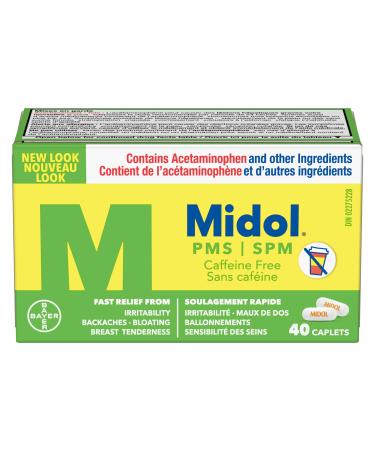 Midol PMS Caffeine-Free Pain Reliever Fast Relief of Pre-Menstrual Period Symptoms such as Irritability Bloating Cramps Breast tenderness Backache Headaches and Muscle Aches (40 Caplets) 40 Count (Pack of 1)
