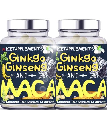2 Bottles (360 capsules) Maca Root 4000mg Ginkgo Biloba Korean Red (Panax) Ginseng - 4256mg Vegan - Zinc Vitamins D3 E B5 B6 B12 A K Folic Acid Selenium for Immune System Hormonal Activity