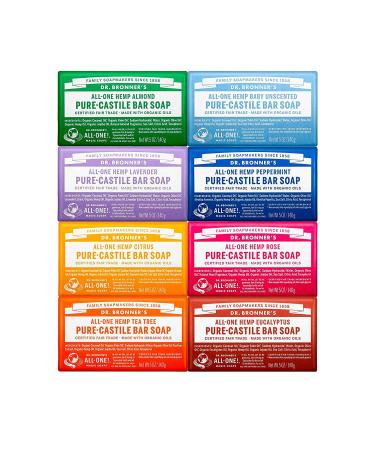 Dr. Bronner's - Pure-Castile Bar Soap (5 oz Variety Pack) Almond Unscented Lavender Peppermint Citrus Rose Tea Tree & Eucalyptus - Made with Organic Oils For Face Body & Hair Gentle & Moisturizing | 8 Count - Buy Online on GoSupps.com