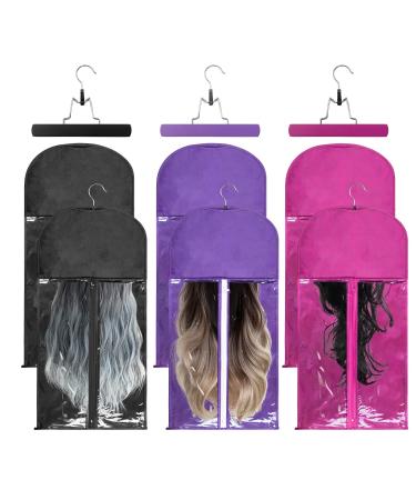 6 pieces of storage bag for wigs with clothes bars Tanosan wig storage bag with hanging hook dustproof bag for hair extension (black & purple & rose red) - Buy Online on GoSupps.com