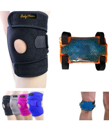 BodyMoves Kid's Knee Brace Support Plus Hot and Cold Ice gel Pack for stabilizing patella meniscus tear ligament injury prevention (SPORTY BLACK)