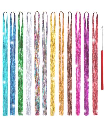 Hair Tinsel Strands Kit 47 Inches 12 Colors 2400 Strands Sparkling Party Tinsel Hair Extensions Highlights Multi-Colors Synthetic Hair Streak Bling(12 color/set) 12 colors 1 tool