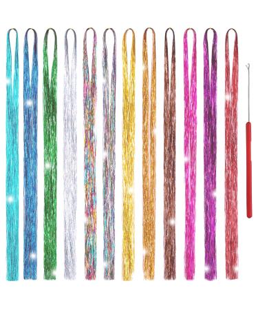 Hair Tinsel Strands Kit 47 Inches 12 Colors 2400 Strands Sparkling Party Tinsel Hair Extensions Highlights Multi-Colors Synthetic Hair Streak Bling(12 color/set) 12 colors 1 tool - Buy Online on GoSupps.com