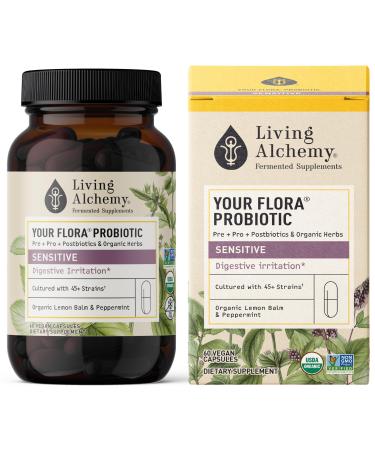 Gut Health Supplements - Your Flora Probiotic Sensitive with Fermented Soybean Lemon Balm Peppermint & Prebiotics - Cleanse Detox for Men & Women - Vegan Non-GMO - Living Alchemy 60 Pcs