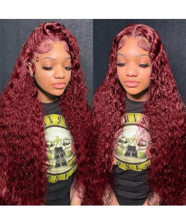 BeautyGrace 26Inch Burgundy Human Hair Lace Front Wig - Brazilian Virgin Deep Wave 99J Red Color | 13x4 Frontal Wig 26 Inch - Buy Online on GoSupps.com