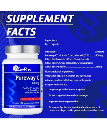 CanPrev Pureway C 600mg Advanced Formula 120 V-Caps - Enhanced Absorption Vitamin C Ascorbic Acid with Citrus Bioflavonoids - Supports Well-Being and Vitality - Buy Online on GoSupps.com