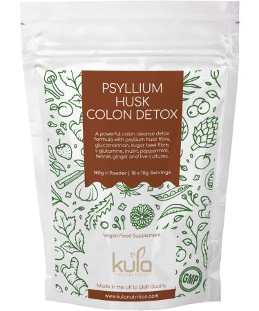 Psyllium Husk Colon Cleanse and Detox Powder - with Glucomannan L-Glutamine Inulin Fennel Peppermint Ginger Live Cultures & Fibre - Supports Bowel Function - 180g (18 x Servings) 180 g (Pack of 1)