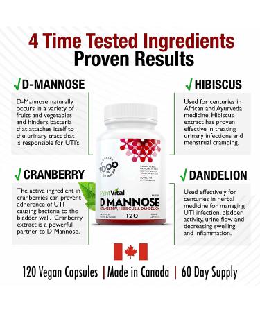 PlantVital D-Mannose 1000mg w Cranberry | UTI & Bladder Control Treatment | Kidney Cleanse Support | Natural Detox with Hibiscus & Dandelion | 2 Months Supply - 120 Count - Buy Online on GoSupps.com