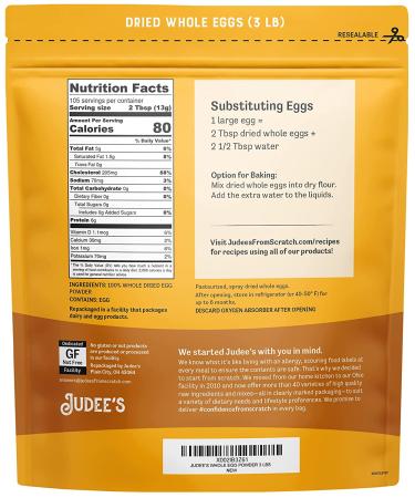 Judees Whole Egg Powder 3 lb - 100% Non-GMO, Gluten-Free & Nut-Free - Ideal for Camping & Baking - Easy Outdoor Preparations - Single Ingredient, No Additives - Pasturized - 3 Pound Pack - Buy Online on GoSupps.com