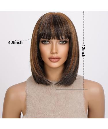 KOME Short Bob Wig for Women - Brown Blonde Highlight Shoulder Length Synthetic Wig with Bangs for Daily Use - 12IN - Buy Online on GoSupps.com