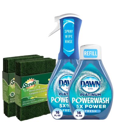 Dawn Powerwash Spray Platinum Dish Soap - Fresh Scent + 1 Dawn Powerwash Refill 16 fl oz each With 6 Reusable Heavy Duty Scouring Pads