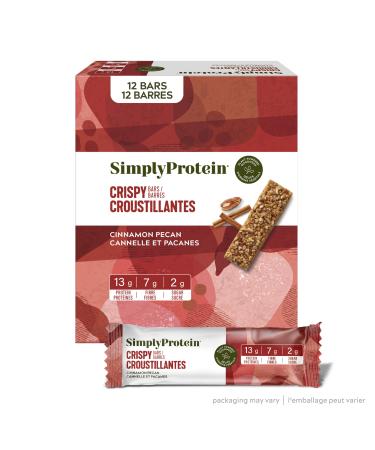 Simply Protein - Cinnamon Pecan Crispy Bars - Plant Based Protein Bars - Low Carb Low Sugar High Fibre - 13g Protein 2g Sugar 7g Fibre - Vegan Gluten Free Non GMO Kosher - 12 Bars Cinnamon Pecan 12 Count (Pack of 1)