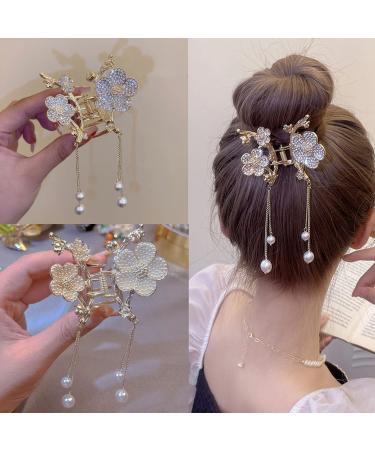 2PCS Flower Metal Hair Clips Nonslip Medium Claw Clamp Pearl Pendant Hair Catch Barrette Clips for Women and Girl