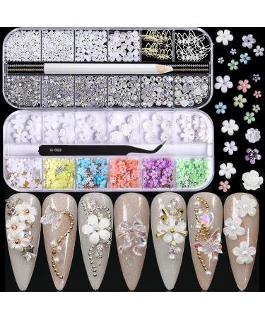 BELICEY Nail Art Rhinestones Kit 3d Colorful Acrylic Flower Nail Charms Pendant Mix Sizes Flower Pearl Nail Charms With Starry AB Nail Gems Crystals for Nails Charm DIY Jewelry Accessories Crafting A00