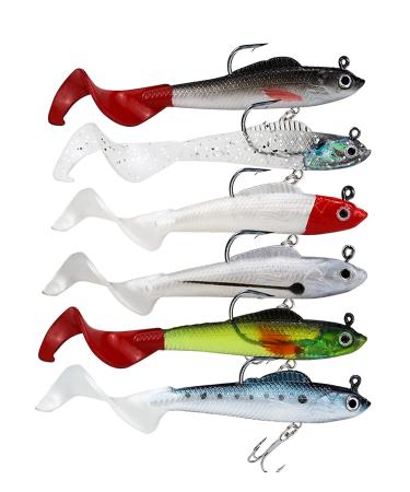 Facikono Lures for Bass Jig Head Soft Swimbait, 6-Pack 6 Colors Plastic Bait for Saltwater / Freshwater Fishing