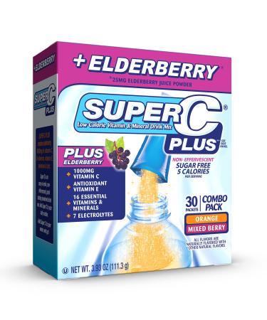 Super C Plus Elderberry - Variety 30CT - Vitamin and Mineral Drink Mix, Singles To Go (Pack of 1), 30 Total Packets Orange & Mixed Berry