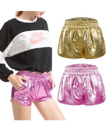 2 Pack Women's Metallic Shorts Shiny Pants with Elastic Waist Hot Rave Dance Gold Pink XX-Large