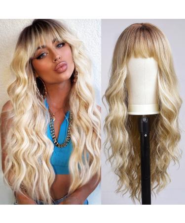 KOME Ombre Blonde Wigs for Women Long Wavy Wig with Bangs Curly Synthetic Wig for Party Cosplay Daily Use 24IN